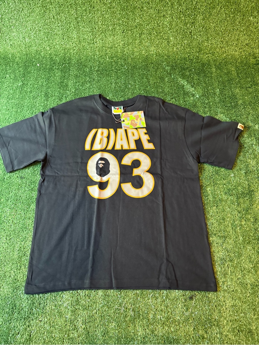 Bape Black Tee with Yellow-Outlined "93" and White Logo